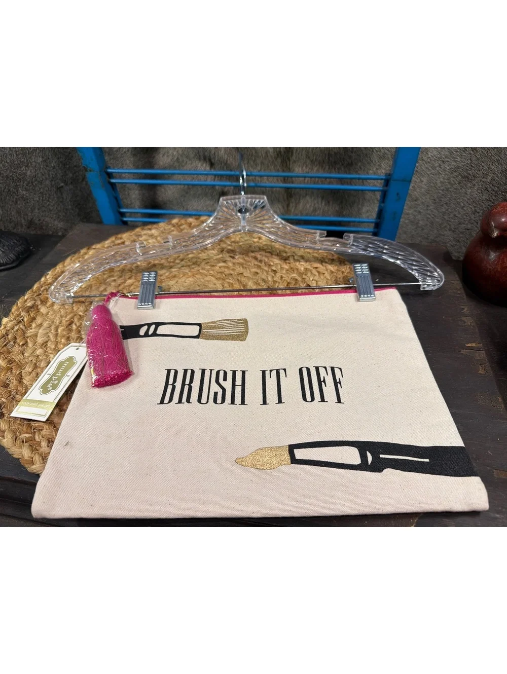 Mud Pie Brush It Off Canvas Makeup Bag with Tassel